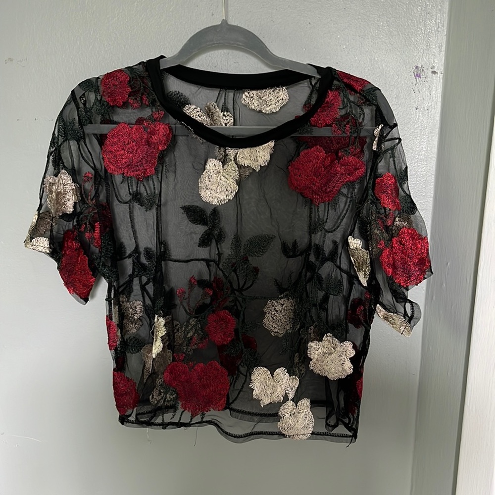 SHEIN Plus Flower Mesh Embroidered Sheer Top